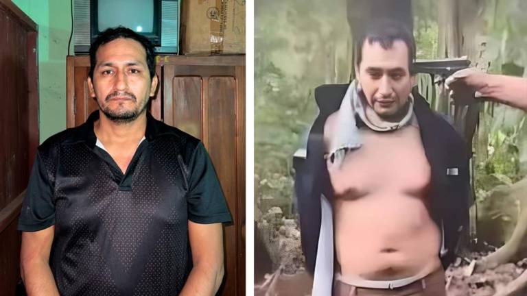 Hernán Siancas, luego de ser liberado por sus secuestradores. en recuadro, Siancas cuando estuvo cautivo. Policía Boliviana