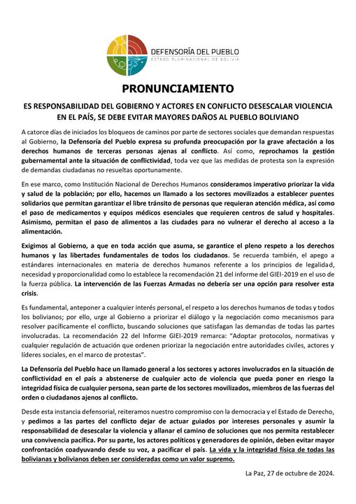 pronunciamiento del defensor del pueblo